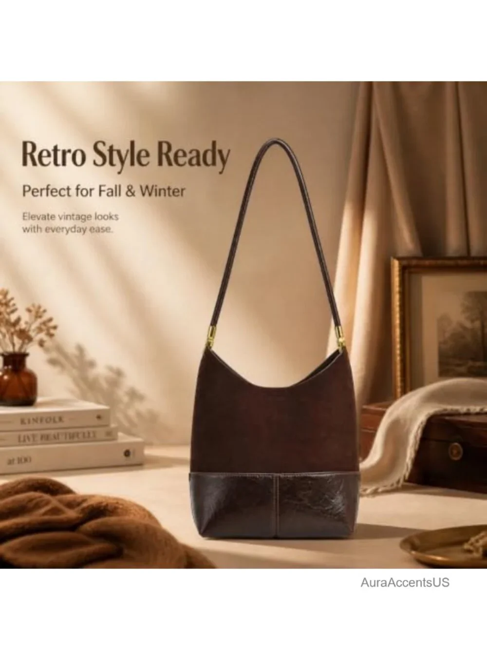 Faux Suede Hobo Shoulder Bag for Women, Vintage Underarm Purse, Lightweight